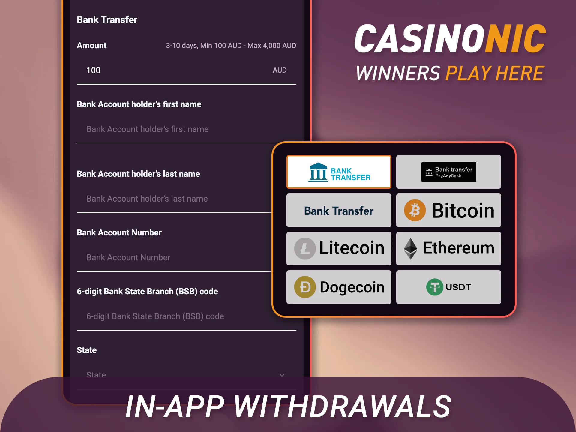 Find more about in-app withdrawals to receive Casinonic app payouts.