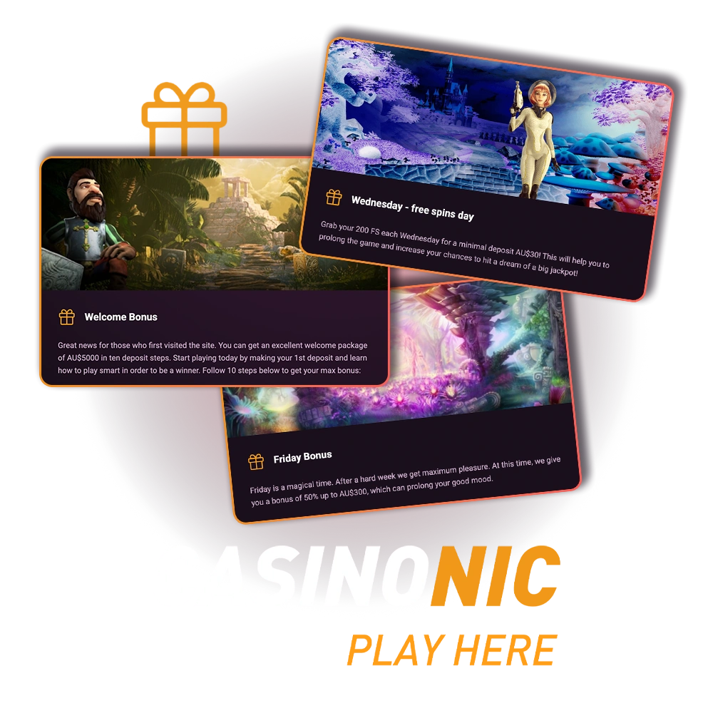 Claim your exclusive Casinonic bonuses to enjoy premium gaming in Australia.
