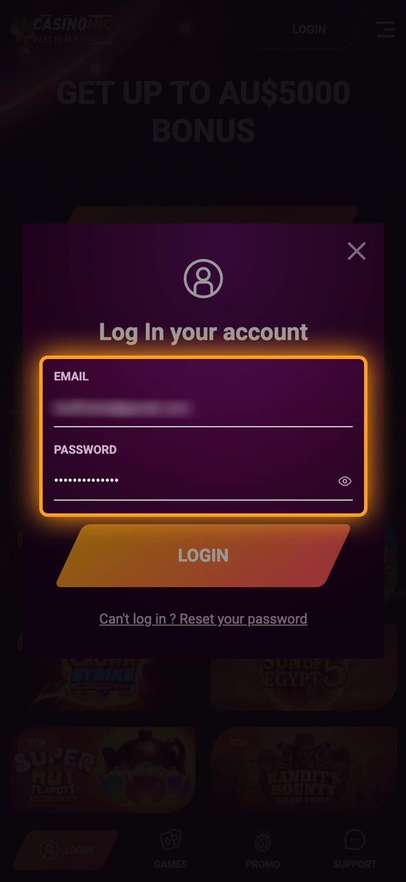 Enter your credentials into the Casinonic login fields to proceed.