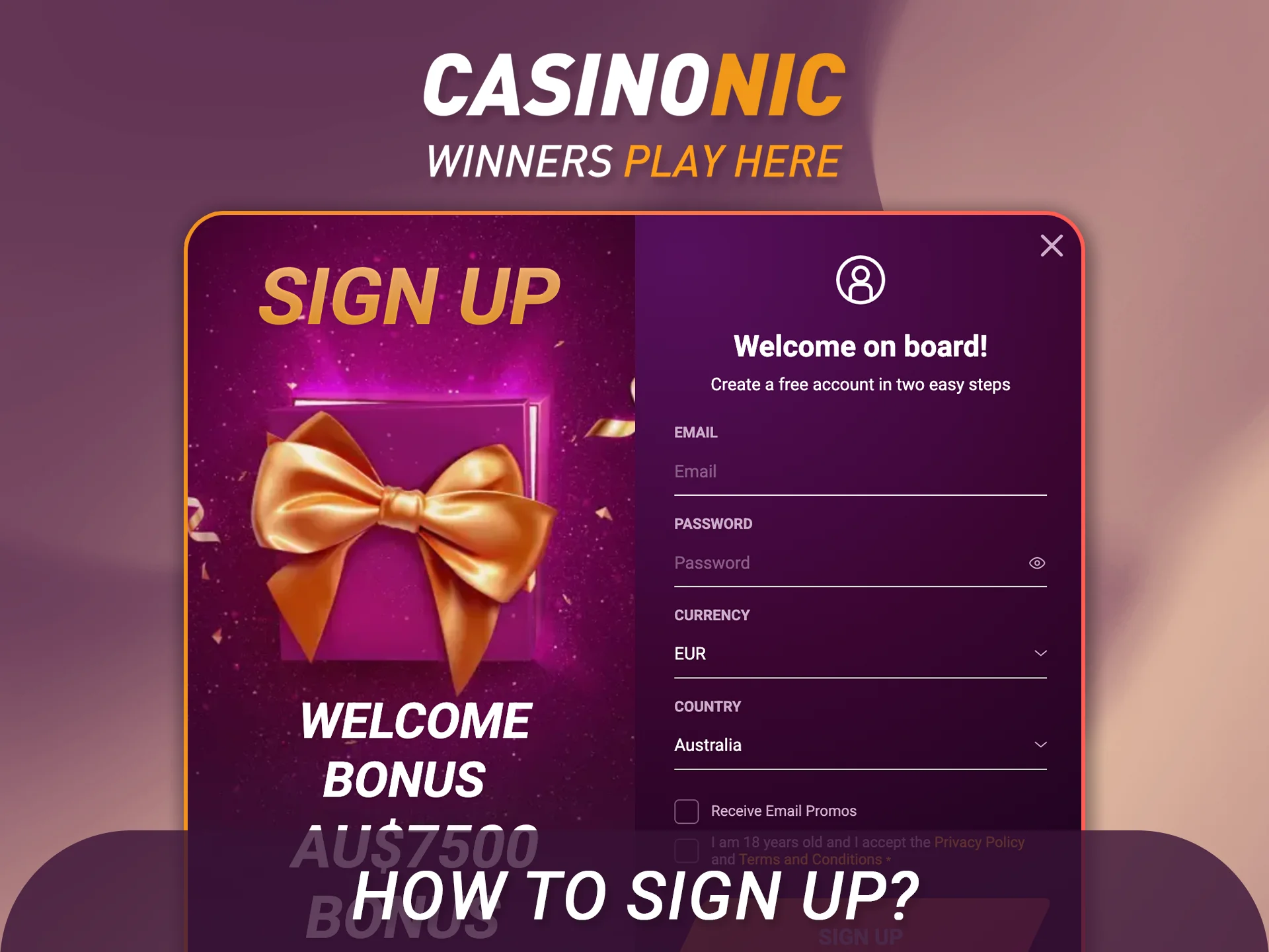 Learn how to sign up on Casinonic in Australia fast and easy guide.